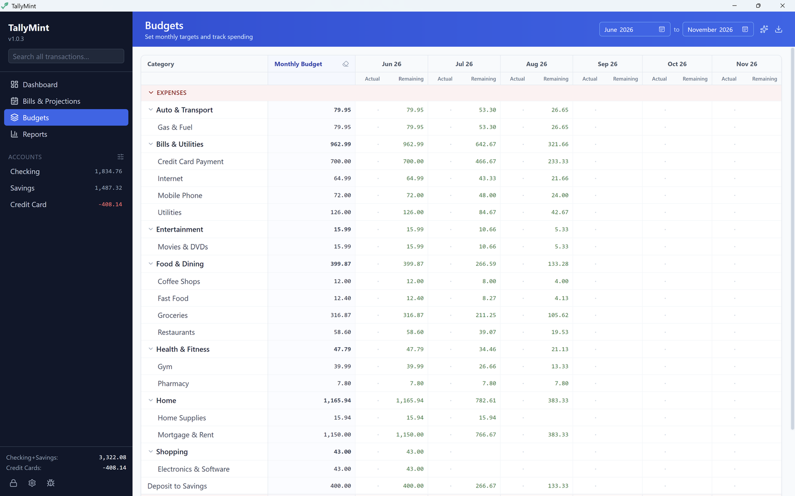 TallyMint Budgets view showing monthly category targets with actual versus remaining amounts across several months