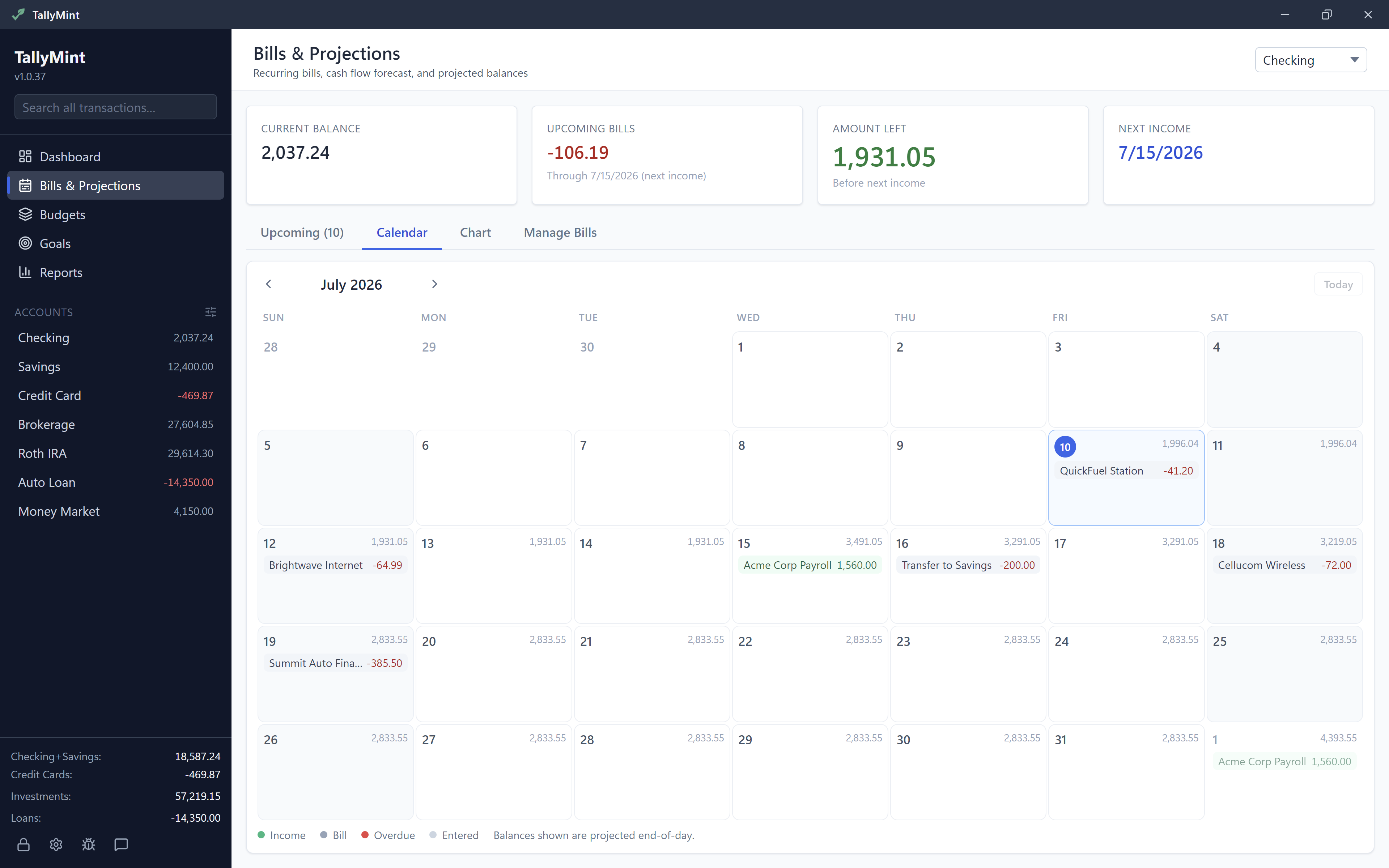 The TallyMint bills calendar showing recurring bills and income laid out on a month grid.