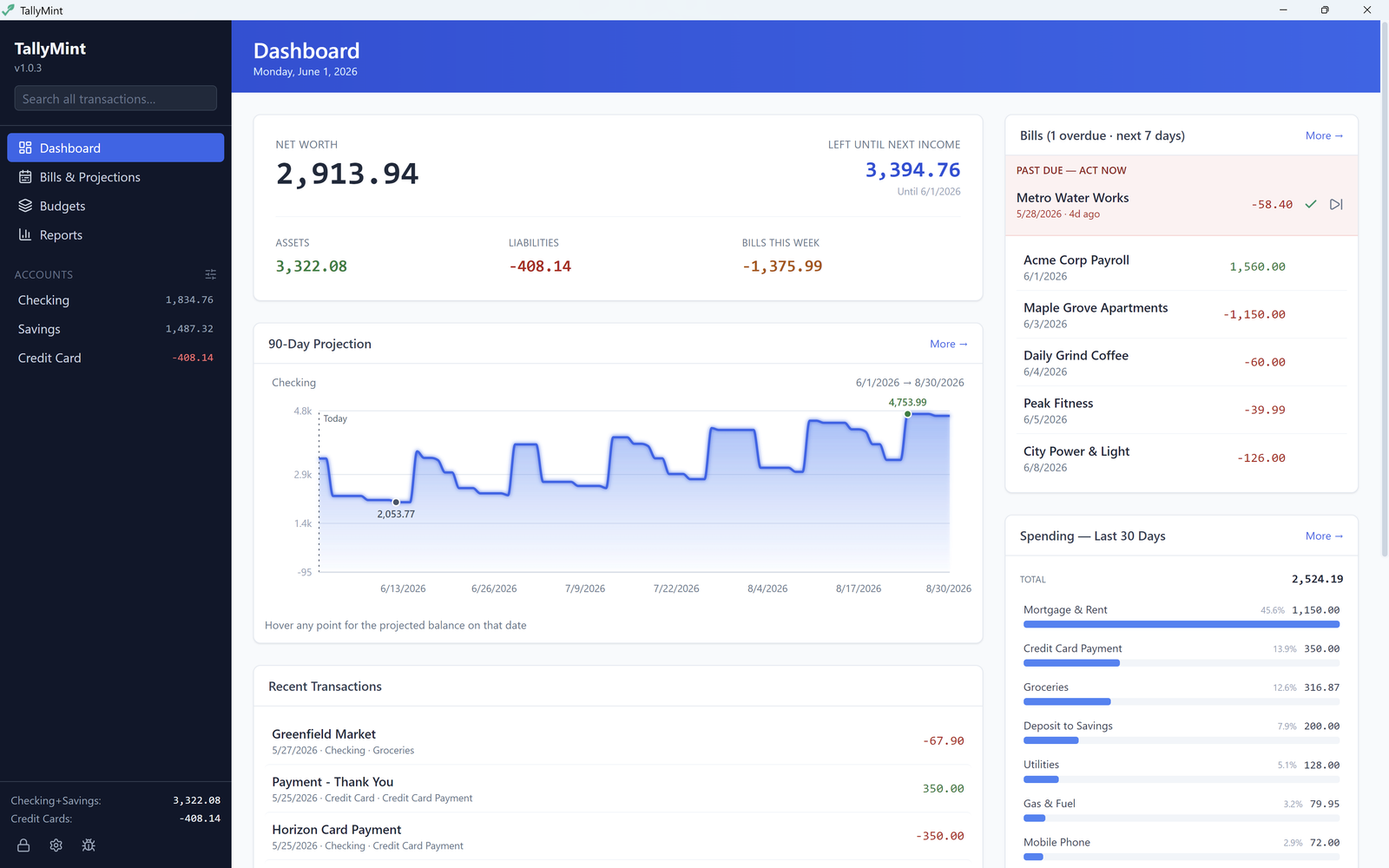 TallyMint dashboard showing net worth, a 90-day cash flow projection chart, upcoming bills, and spending by category