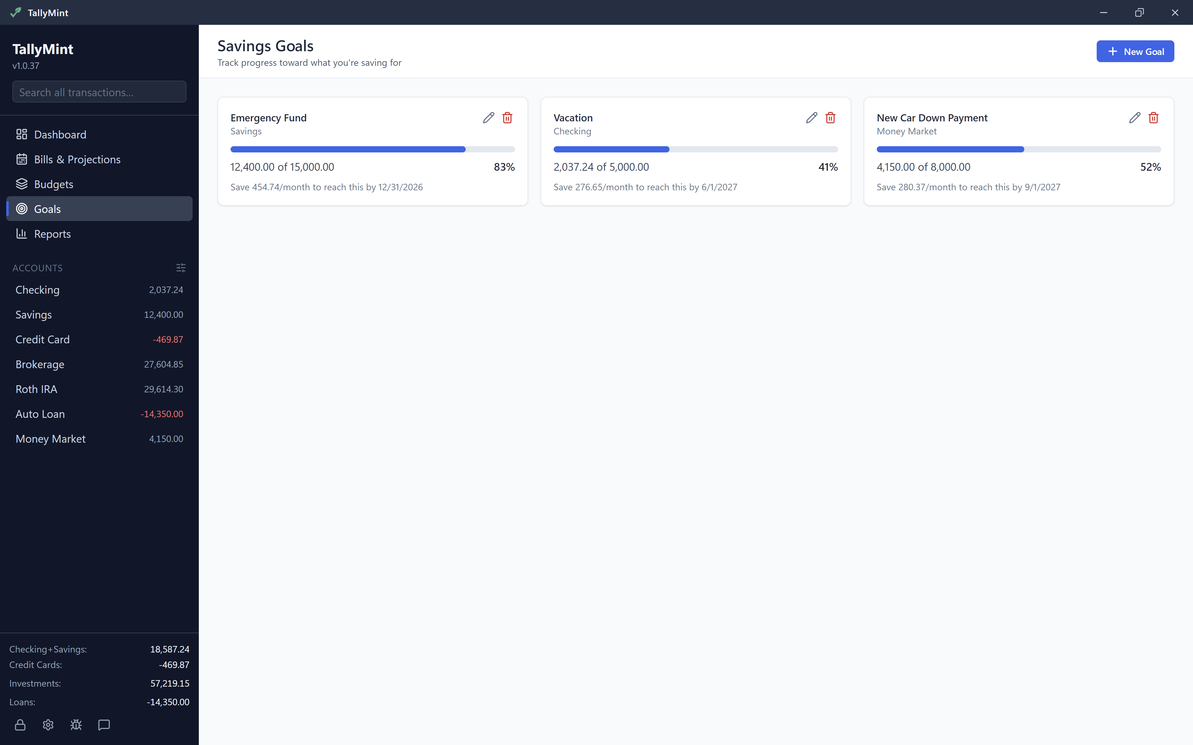 The TallyMint Goals view showing savings goals with progress bars, targets, and monthly pace.