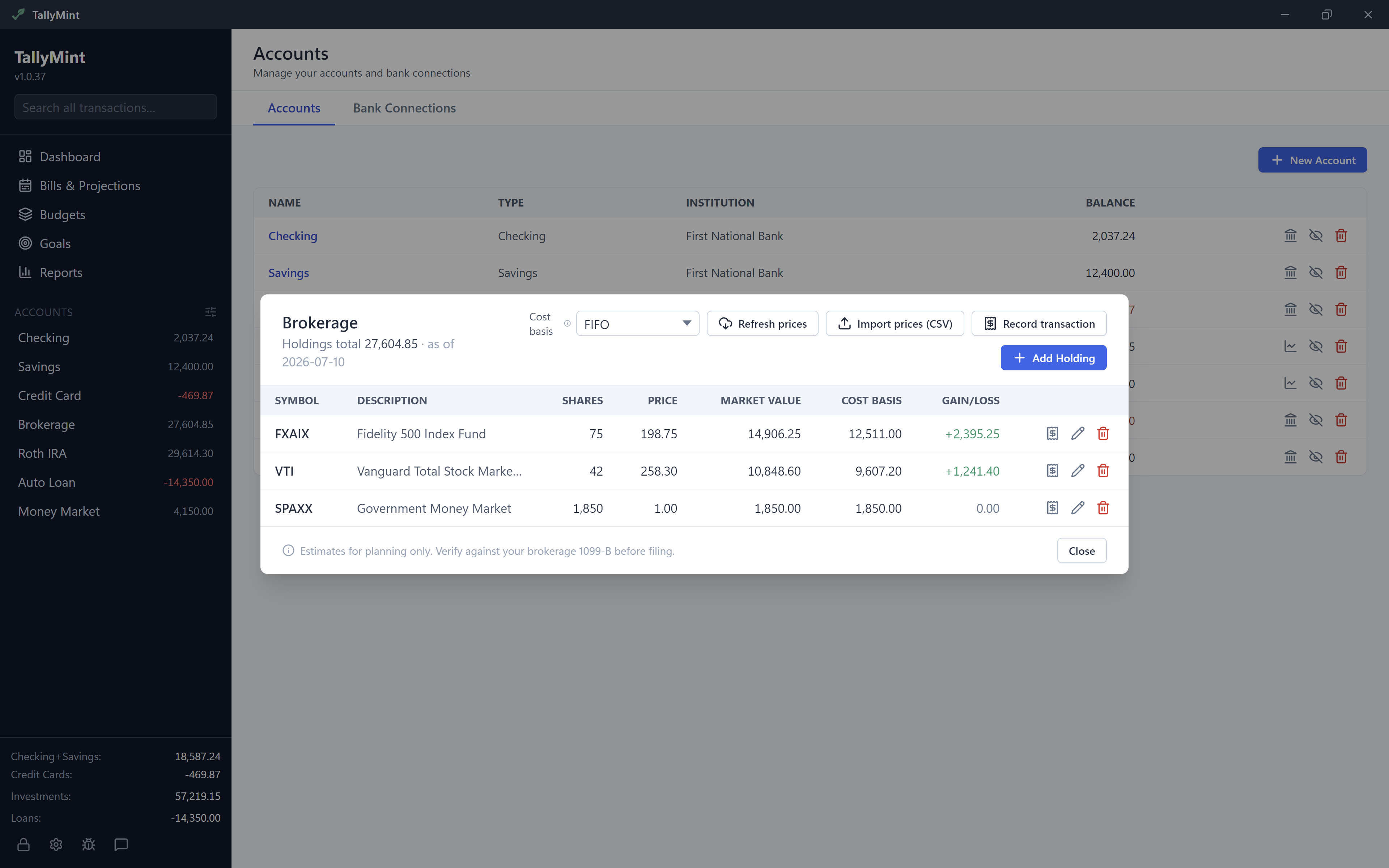 A TallyMint investment account showing holdings with shares, price, market value, cost basis, and gain or loss per position.