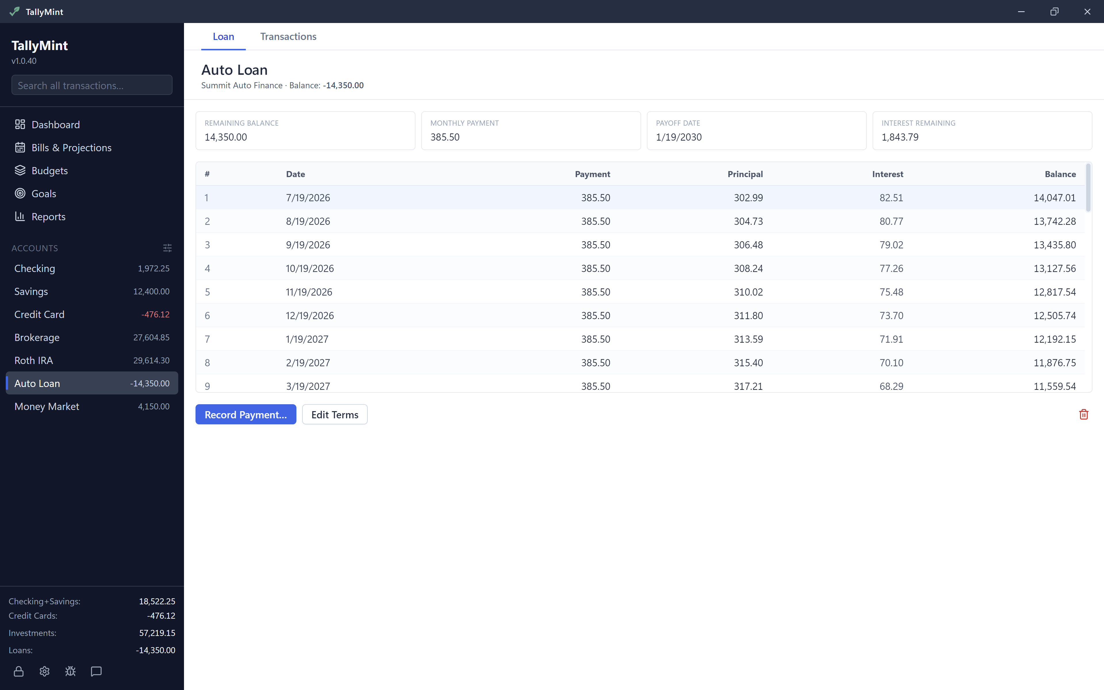 A TallyMint loan account showing the amortization schedule with principal, interest, and remaining balance per payment.