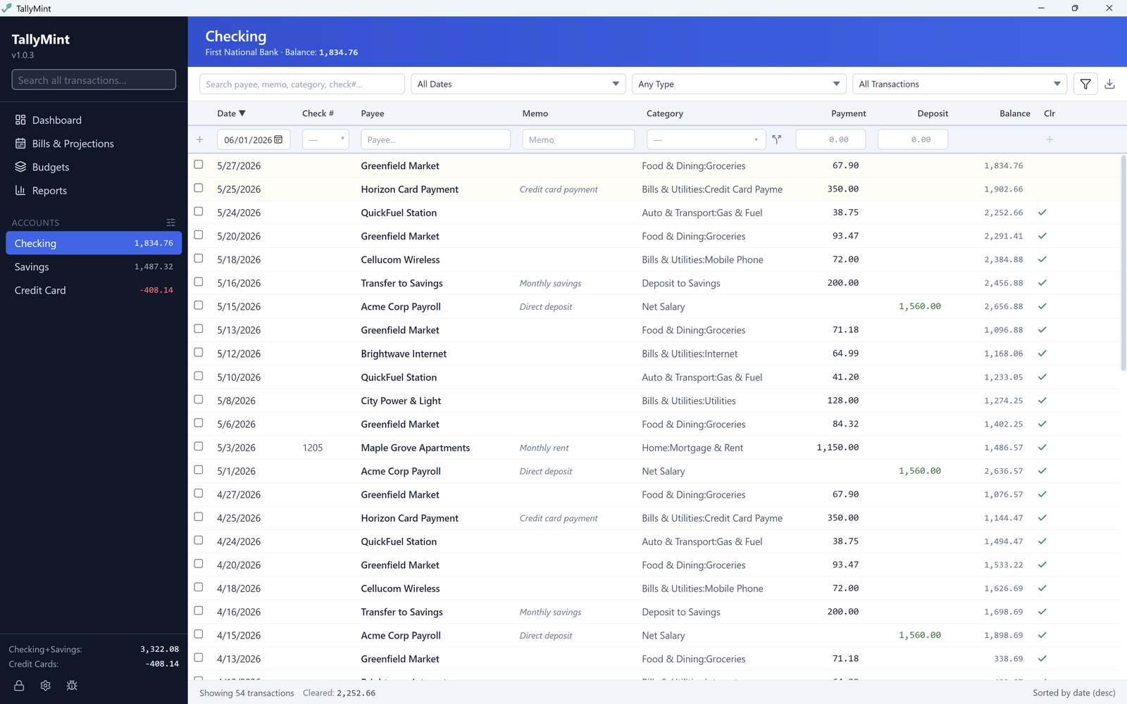 TallyMint transaction register showing a checking account with payees, categories, cleared status, and a running balance column