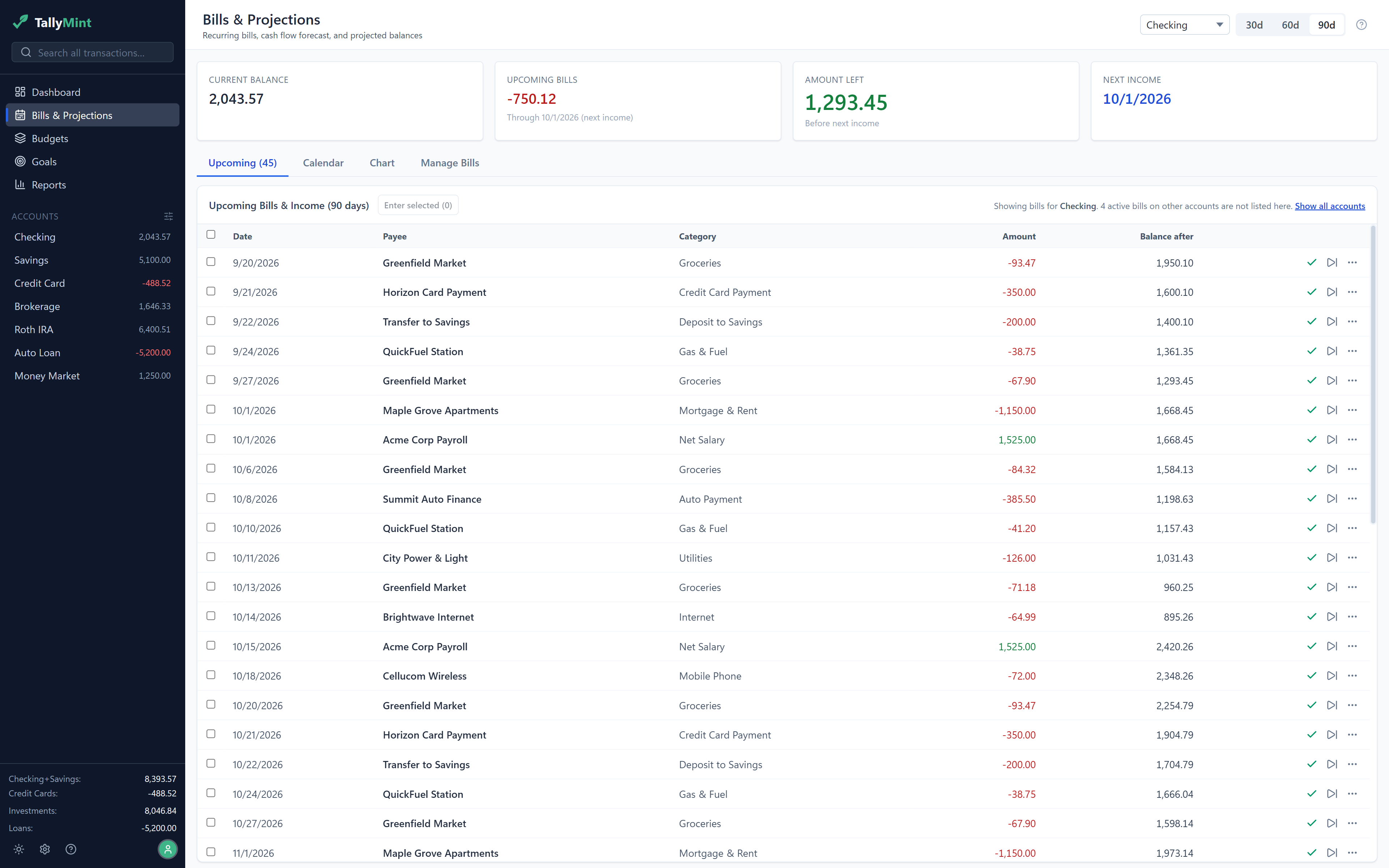 TallyMint Web in a browser, showing ninety days of upcoming bills and income with the date, payee, category, amount, and the projected balance after each one