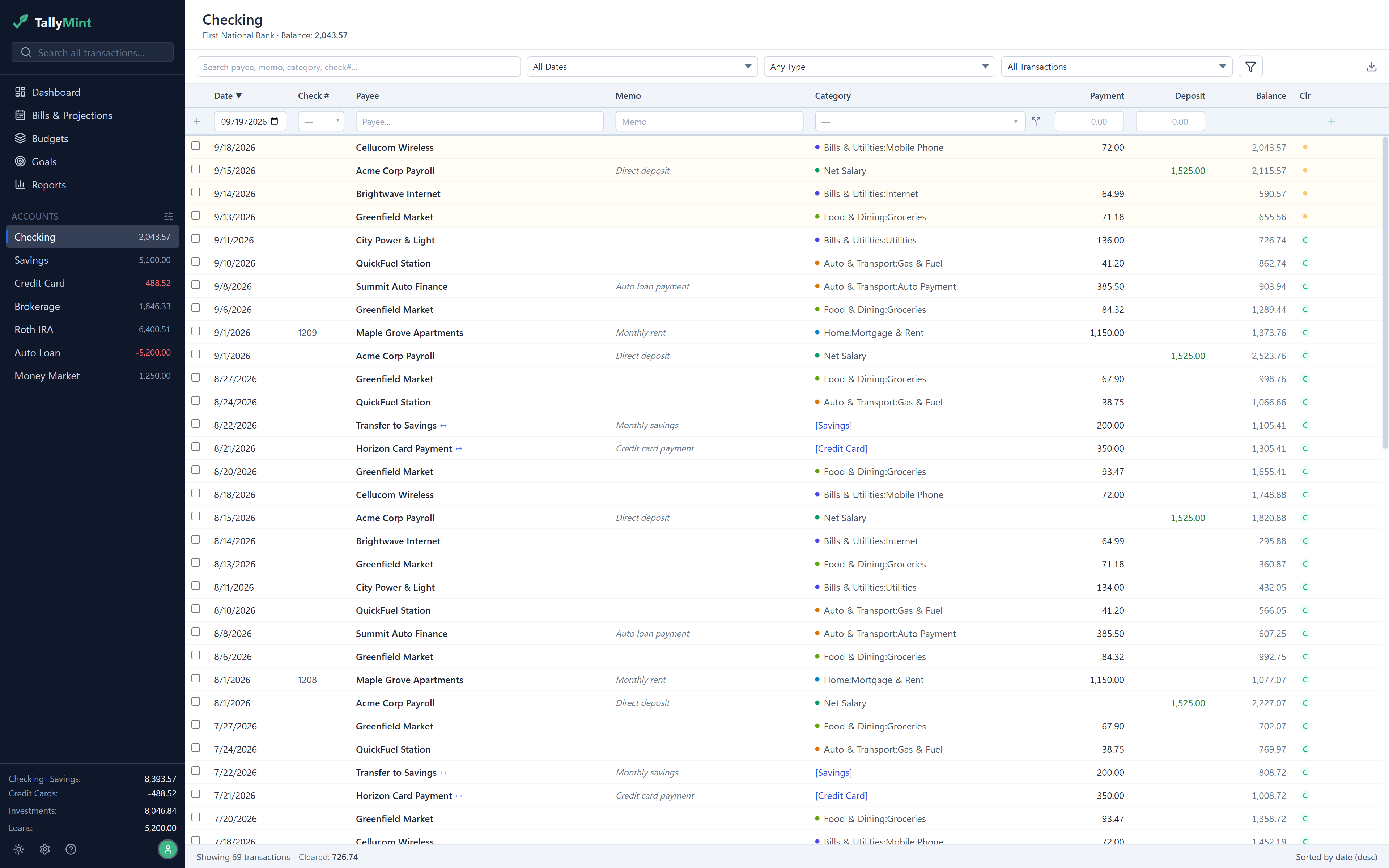 TallyMint Web showing the checking register with payees, categories, amounts, and a running balance column